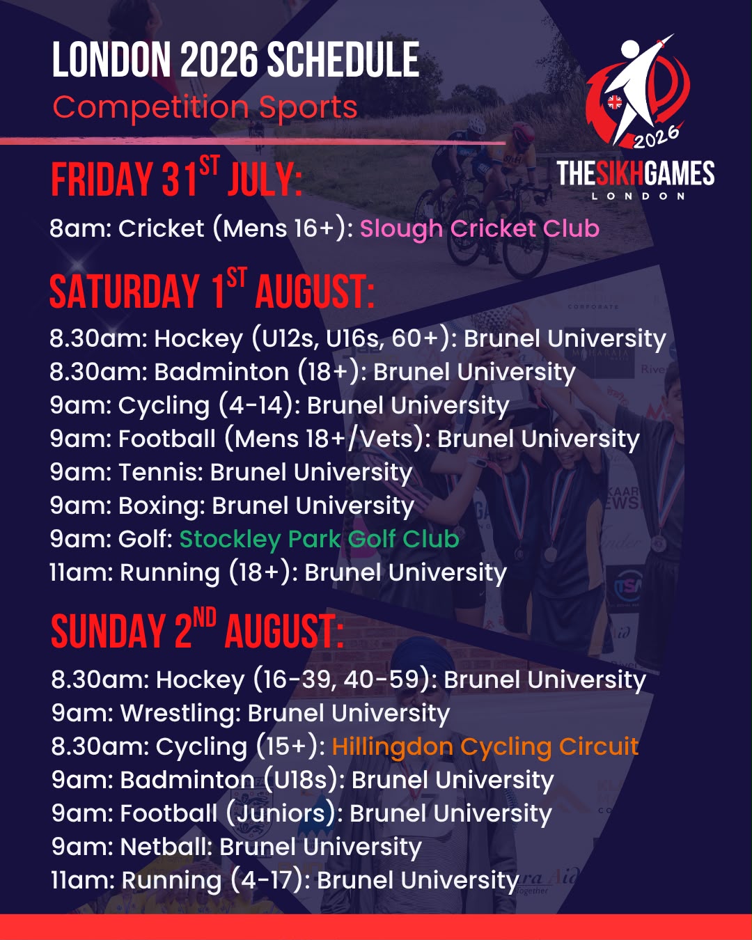 The Sikh Games London 2026 schedule — competition sports timings for Friday 31st July, Saturday 1st August and Sunday 2nd August