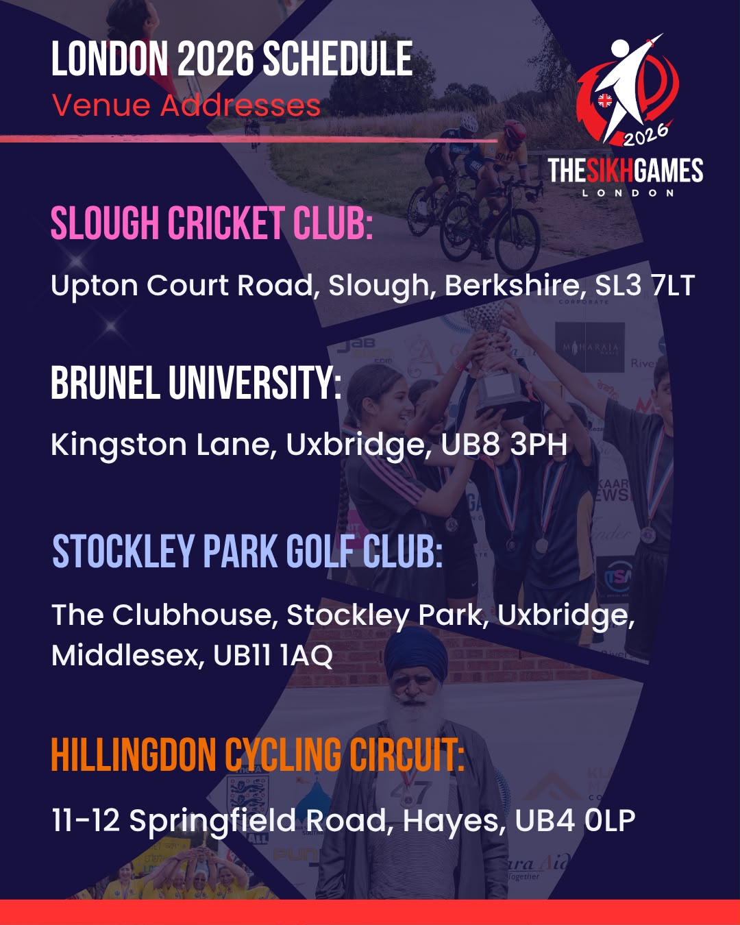 The Sikh Games London 2026 venue addresses — Slough Cricket Club, Brunel University, Stockley Park Golf Club and Hillingdon Cycling Circuit